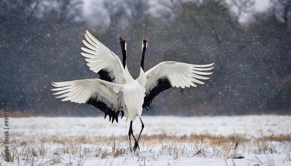Bird behaviour in the nature grass habitat. Dancing pair of Red-crowned crane with open wing Bird behaviour in the nature grass habitat. Dancing pair of Red-crowned crane with open wing