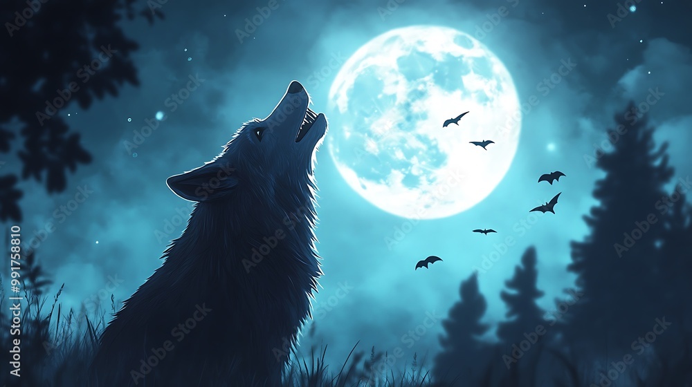 Fototapeta premium A wolf howls at the full moon in a dark forest, surrounded by bats.