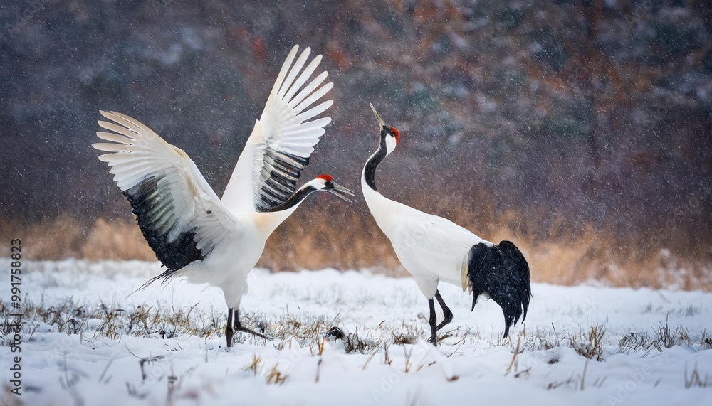 Bird behaviour in the nature grass habitat. Dancing pair of Red-crowned crane with open wing Bird behaviour in the nature grass habitat. Dancing pair of Red-crowned crane with open wing