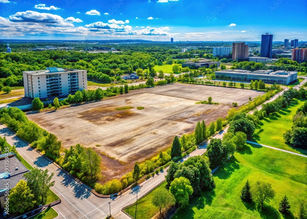 Fototapeta premium A Vast Empty Lot Ready for Development Surrounded by Greenery Under a Clear Blue Sky