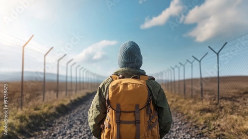 Adventurer Walking Along Fenced Trail in Nature