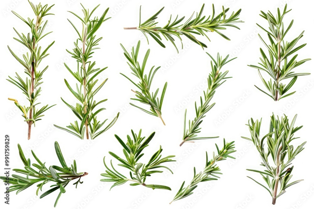 Naklejka premium Fresh rosemary sprigs arranged neatly on a clean white surface