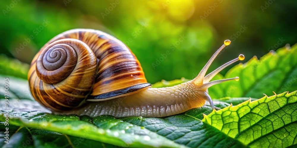 Adorable Close-Up of a Cute Snail Crawling on a Leaf in a Lush Green Garden Setting Adorable Close-Up of a Cute Snail Crawling on a Leaf in a Lush Green Garden Setting