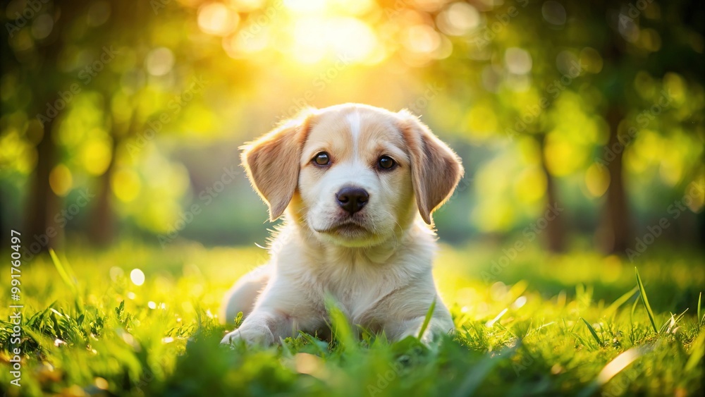 Adorable playful puppy lying on the grass with a bright sunny background in a lush green park Adorable playful puppy lying on the grass with a bright sunny background in a lush green park