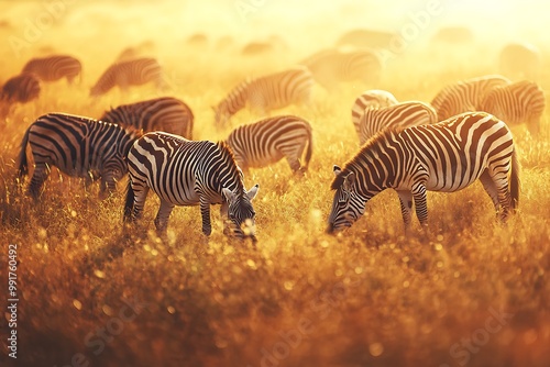 Herd of zebra grazing in warm sunset light