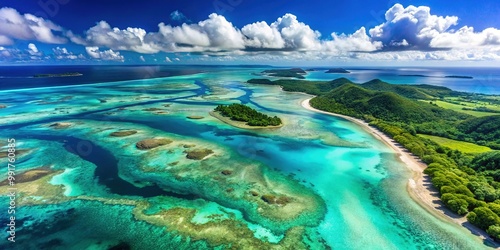 Aerial view of New Caledonia's stunning landscapes and turquoise waters with vibrant coral reefs