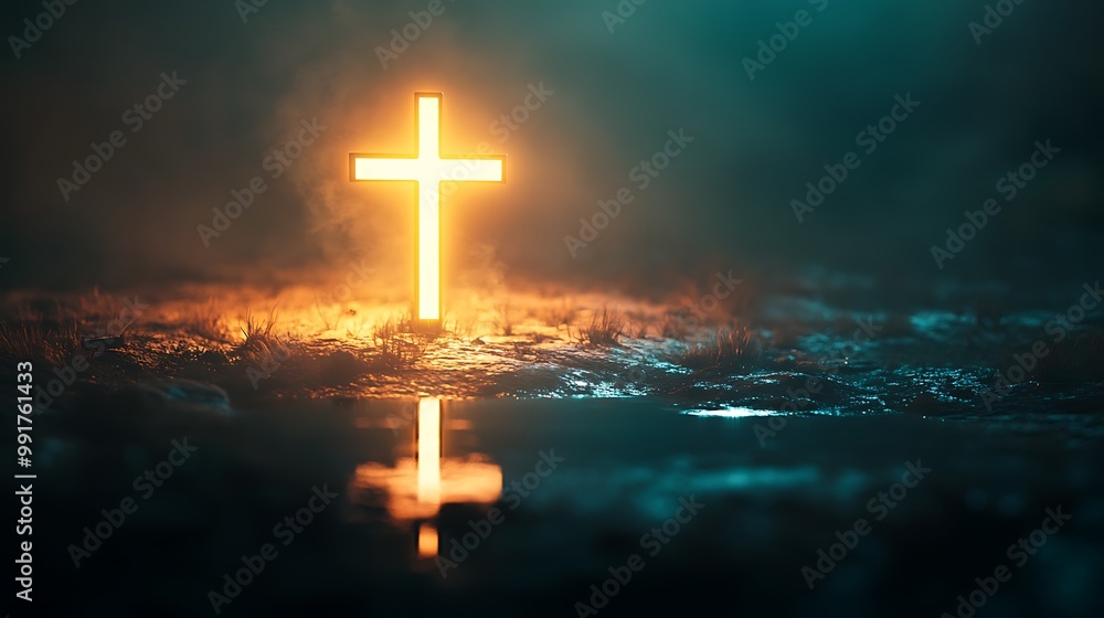 Fototapeta premium Glowing cross on a dark background with fog, reflecting in a puddle of water.