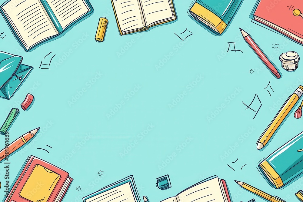 Illustrated frame with stationery supplies for writing notes on a blue background Illustrated frame with stationery supplies for writing notes on a blue background