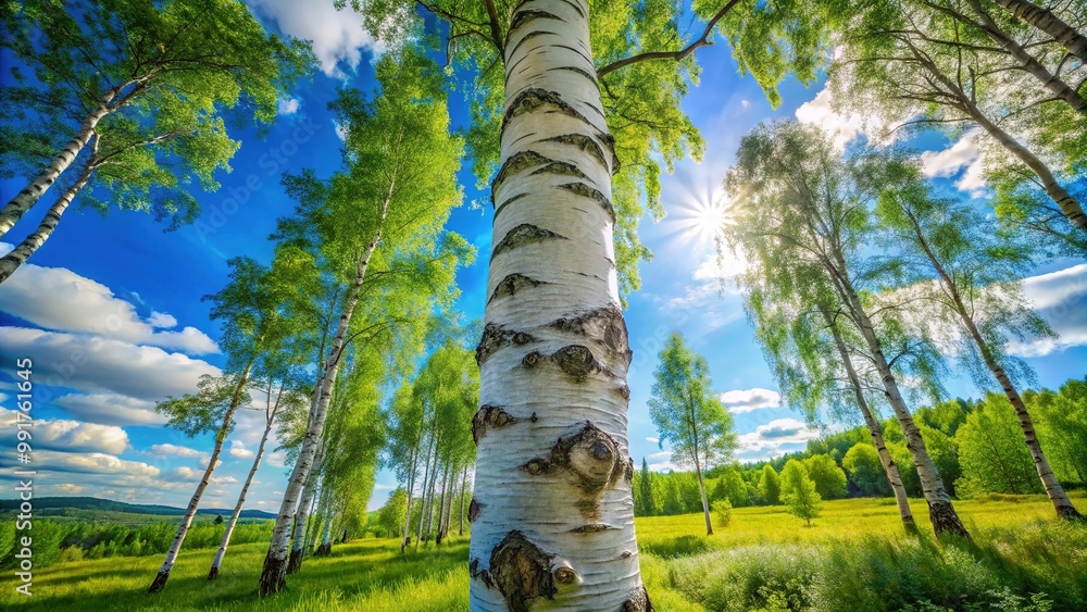Fototapeta premium Beautiful Birch Tree with White Bark in a Lush Green Forest Under Bright Blue Sky in Summer