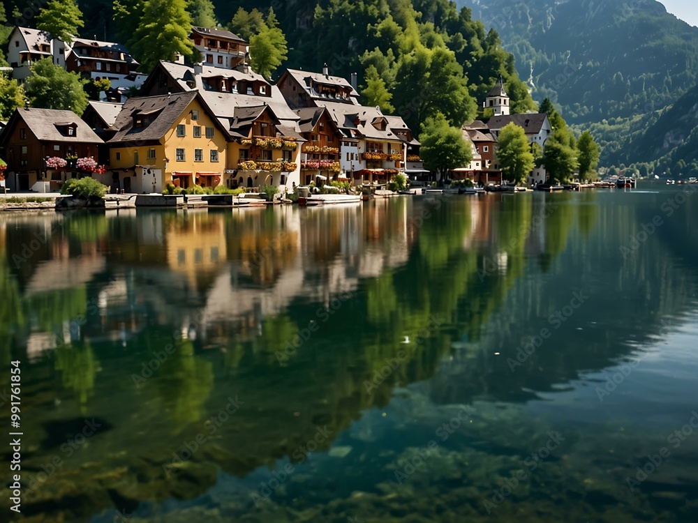 Peaceful summer atmosphere in Hallstatt, Austria, with a village reflected in clear lake waters. Peaceful summer atmosphere in Hallstatt, Austria, with a village reflected in clear lake waters.