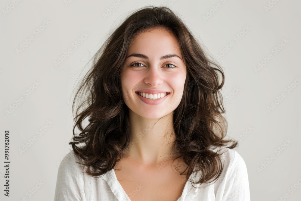 Dark brown hair woman with smooth hair, on a white background, elegant look. Dark brown hair woman with smooth hair, on a white background, elegant look.