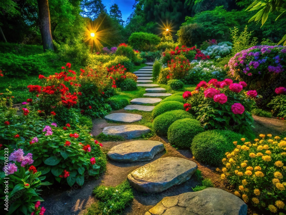 Beautifully arranged stepping stones leading through a lush green garden full of vibrant flowers Beautifully arranged stepping stones leading through a lush green garden full of vibrant flowers