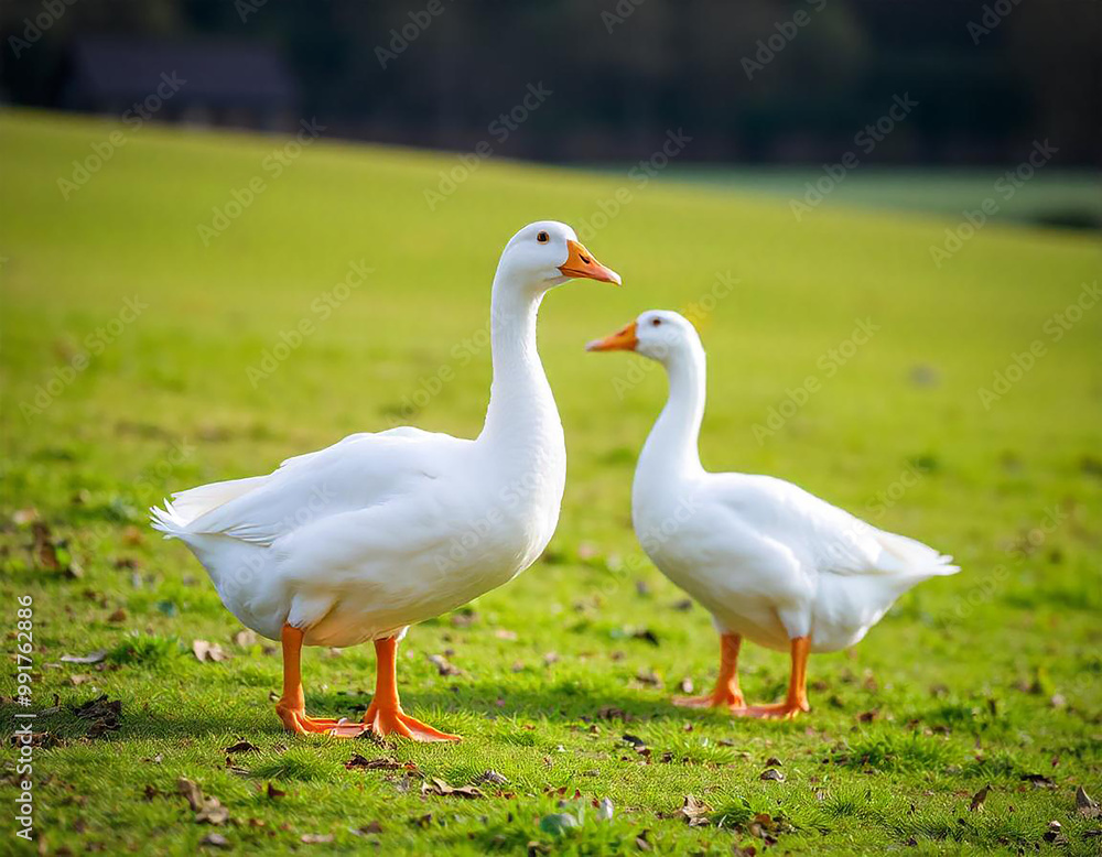 Two white ducks standing on a grassy field Two white ducks standing on a grassy field