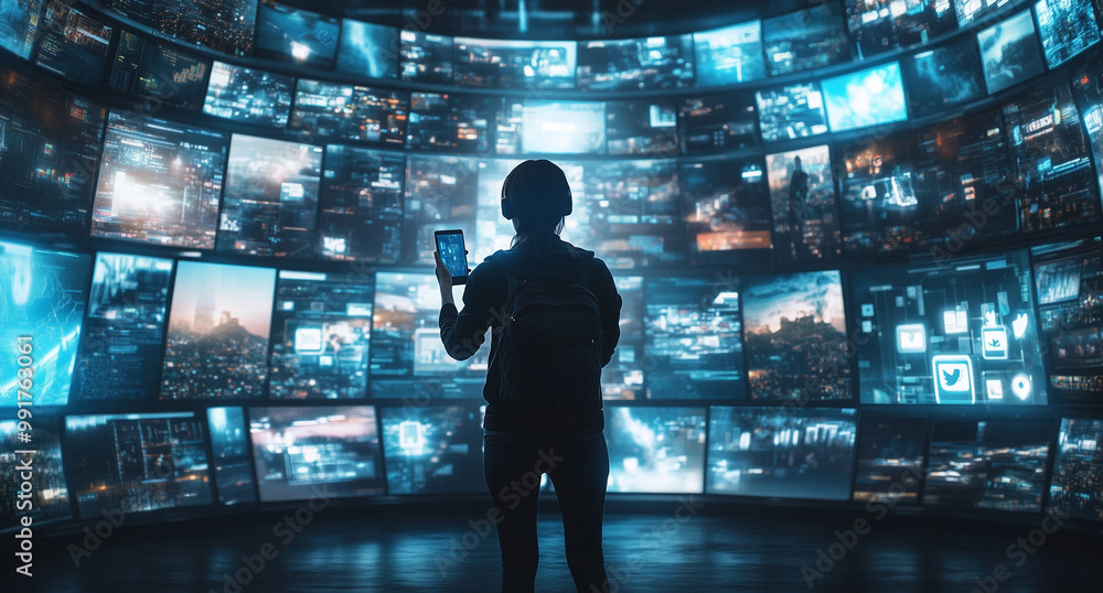Moderner Mann Social Media mit Smartphone vor einer Wand aus digitalen Bildschirmen – Technologie, Vernetzung und digitale Transformation Moderner Mann Social Media mit Smartphone vor einer Wand aus digitalen Bildschirmen – Technologie, Vernetzung und digitale Transformation