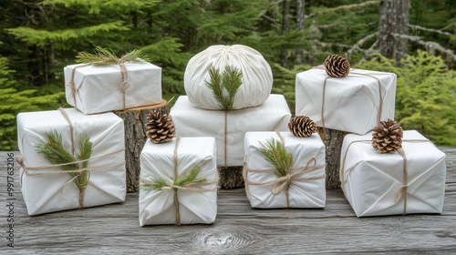 Beautifully Wrapped Holiday Gifts Arranged on Wooden Logs in a Serene Forest Setting photo