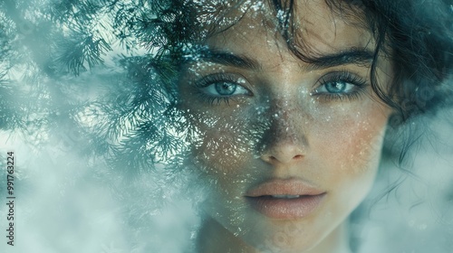 Close-up portrait of a woman with dewy skin and intense gaze, merging nature and beauty with ethereal light