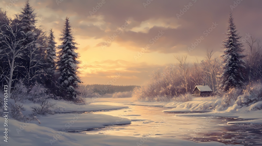 Serene Winter Landscape with Snow and Calm Water Serene Winter Landscape with Snow and Calm Water