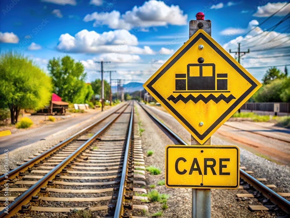 Caution Railroad Crossing Sign Alerting Drivers to Proceed with Care Near Train Tracks and Railroads Caution Railroad Crossing Sign Alerting Drivers to Proceed with Care Near Train Tracks and Railroads