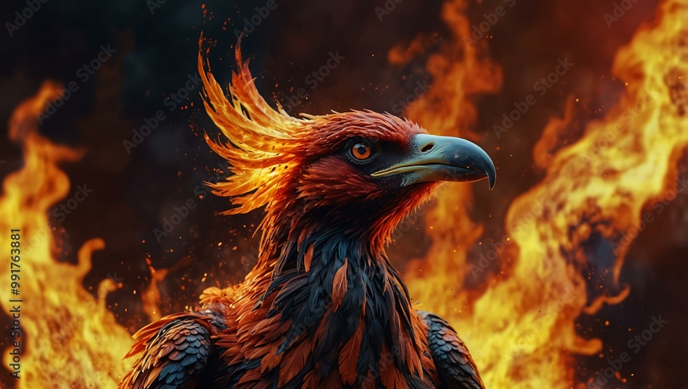 Phoenix bird emerging from vibrant flames in a stunning scene. Phoenix bird emerging from vibrant flames in a stunning scene.