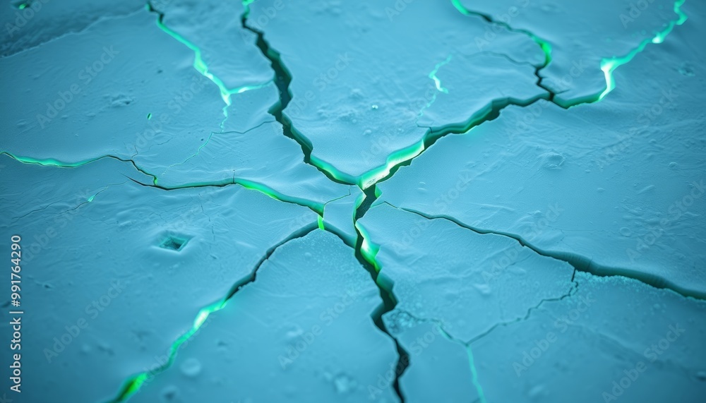 Obraz premium Fractured ice with glowing blue lines for desktop customization