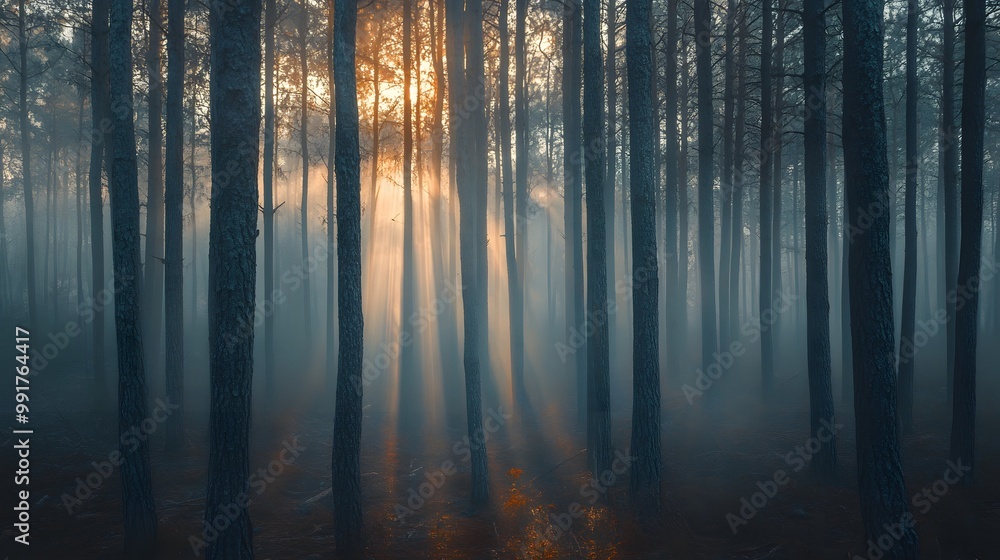 A series of thin, vertical lines representing a forest, with an ethereal mist enveloping the scene, creating mystery A series of thin, vertical lines representing a forest, with an ethereal mist enveloping the scene, creating mystery
