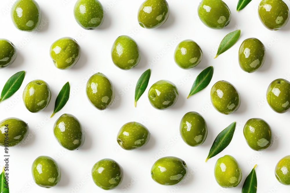 Fresh green olives surrounded by leaves on a white surface, great for food or decoration Fresh green olives surrounded by leaves on a white surface, great for food or decoration