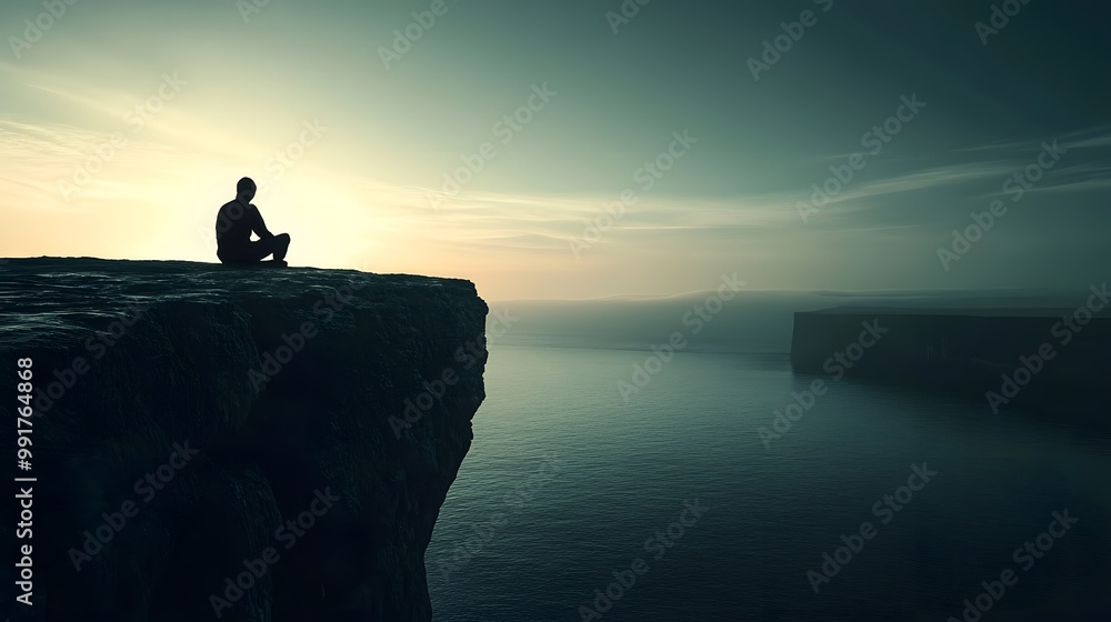 A silhouette of a person sitting at the edge of a cliff, gazing into an infinite abyss, evoking contemplation A silhouette of a person sitting at the edge of a cliff, gazing into an infinite abyss, evoking contemplation