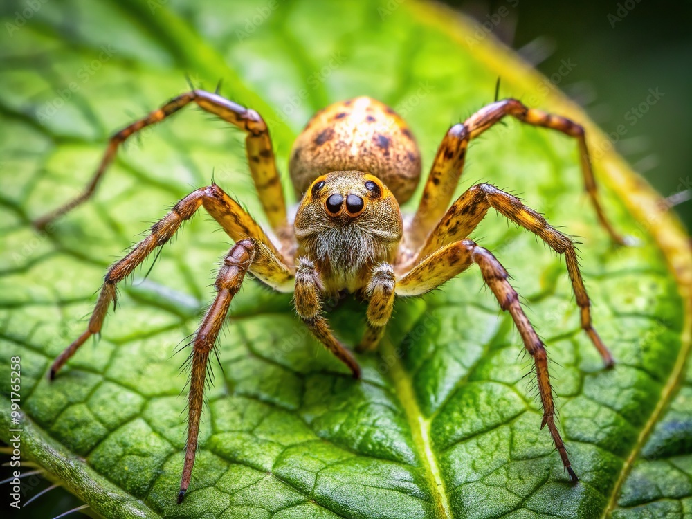 Close-up of a Philodromidae spider resting on a leaf showcasing its unique patterns and features Close-up of a Philodromidae spider resting on a leaf showcasing its unique patterns and features