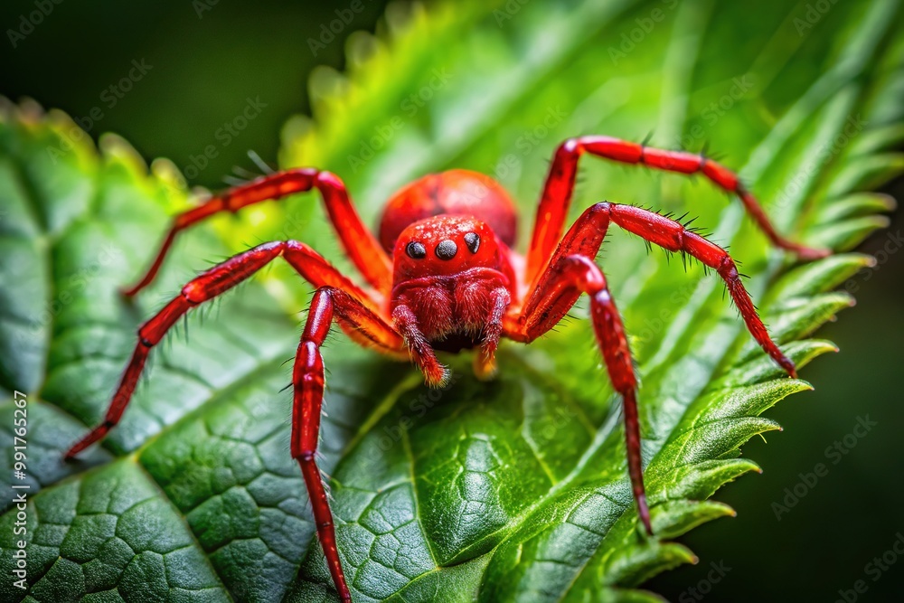 Close-Up of a Red Poisonous Spider in Its Natural Habitat on a Leaf Surrounded by Green Foliage Close-Up of a Red Poisonous Spider in Its Natural Habitat on a Leaf Surrounded by Green Foliage