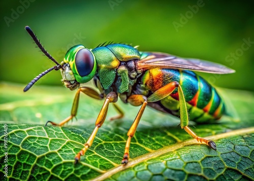 Close-up of an Asp Insect on Green Leaf Highlighting Its Unique Colors and Intricate Details