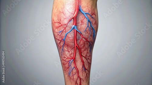 Close-up of burst vein in leg illustrating vascular issues and skin changes in human anatomy photo