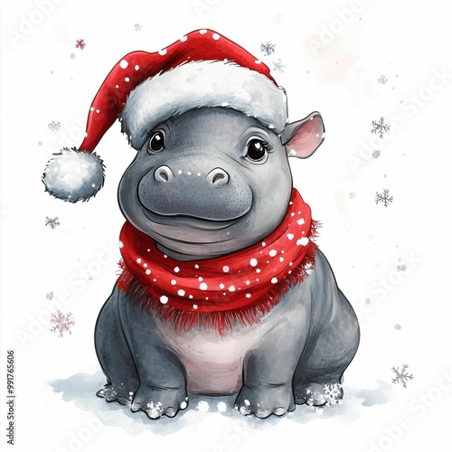 A cute cartoon hippopotamus wearing a Christmas hat and scarf, surrounded by snowflakes, evoking a cheerful holiday spirit photo