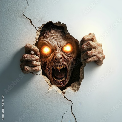 A menacing zombie-like face with glowing eyes protrudes from a cracked wall, evoking themes of horror and fear. photo