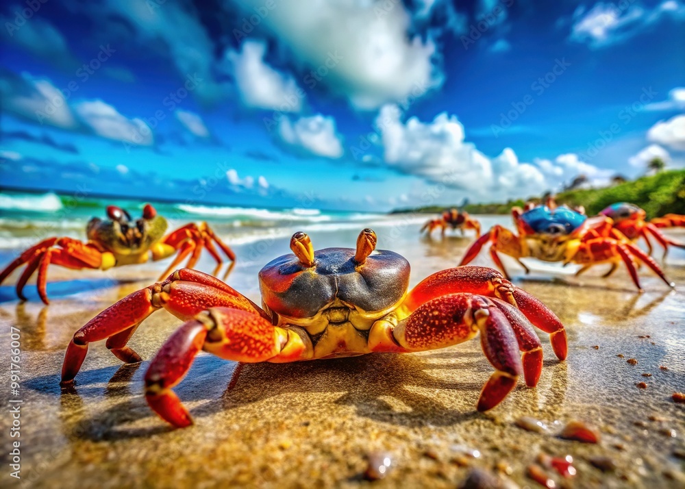 Close-up of vibrant crabs on sandy beach, showcasing their unique colors and natural habitat beauty Close-up of vibrant crabs on sandy beach, showcasing their unique colors and natural habitat beauty