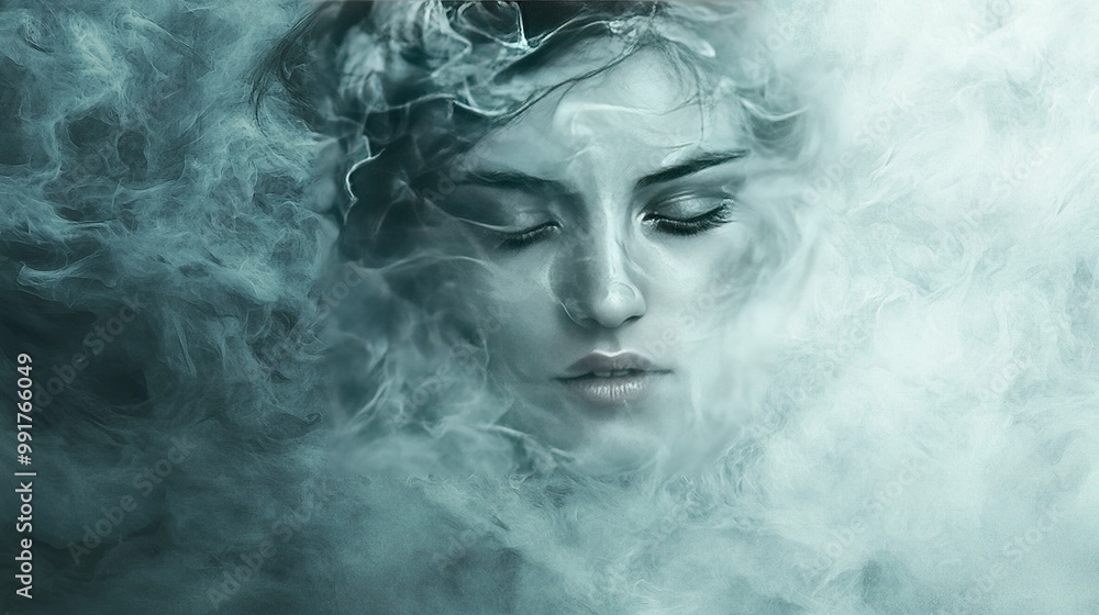 A woman with her eyes closed and enveloped in smoke, with additional smoke swirling behind her, creates a captivating portrait A woman with her eyes closed and enveloped in smoke, with additional smoke swirling behind her, creates a captivating portrait