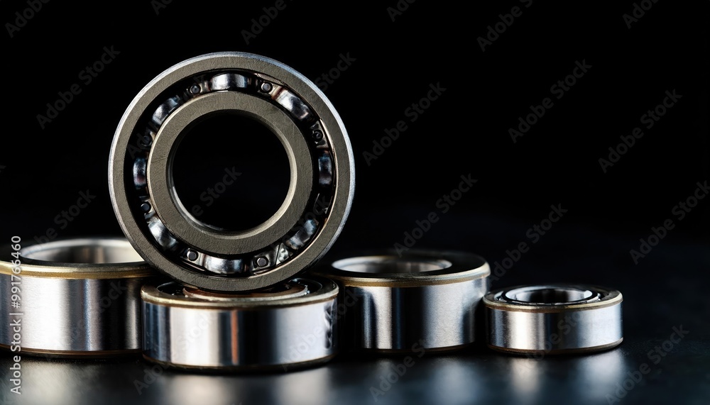 Close up shot of roller bearings set against a black backdrop purposely left empty to spark Close up shot of roller bearings set against a black backdrop purposely left empty to spark