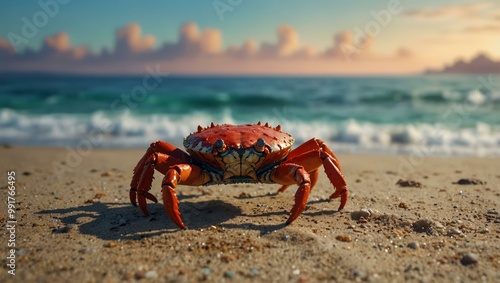 Pixel art crab on a beach with a vibrant ocean backdrop.