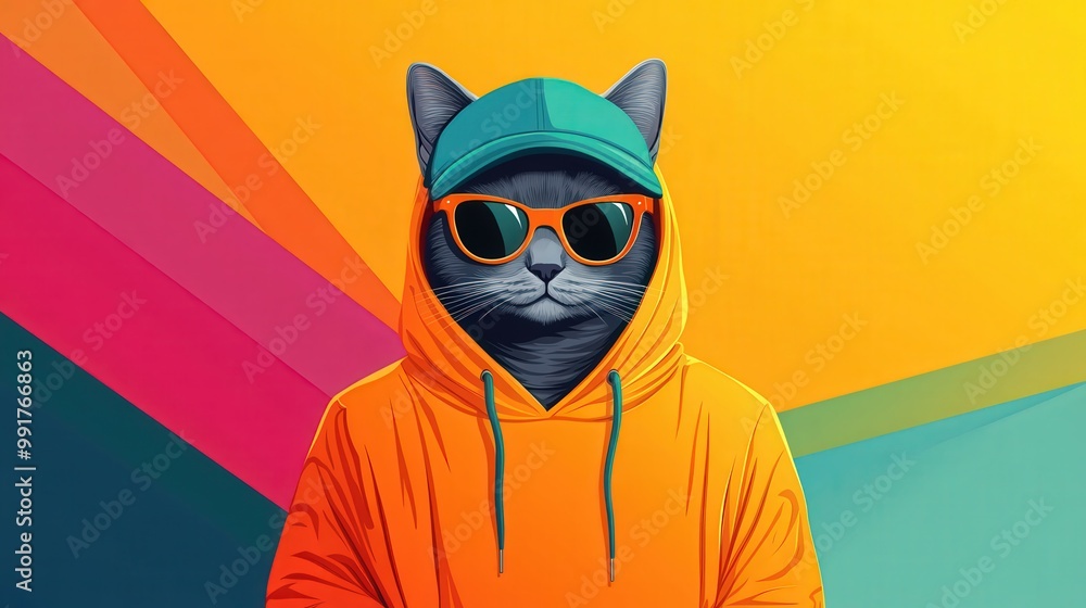 Fototapeta premium Playful Halloween Party Cat - Minimalist 2D Vector Illustration in Gray Cat Character with Orange Hoodie, Sunglasses, and Cap Against Colorful Background
