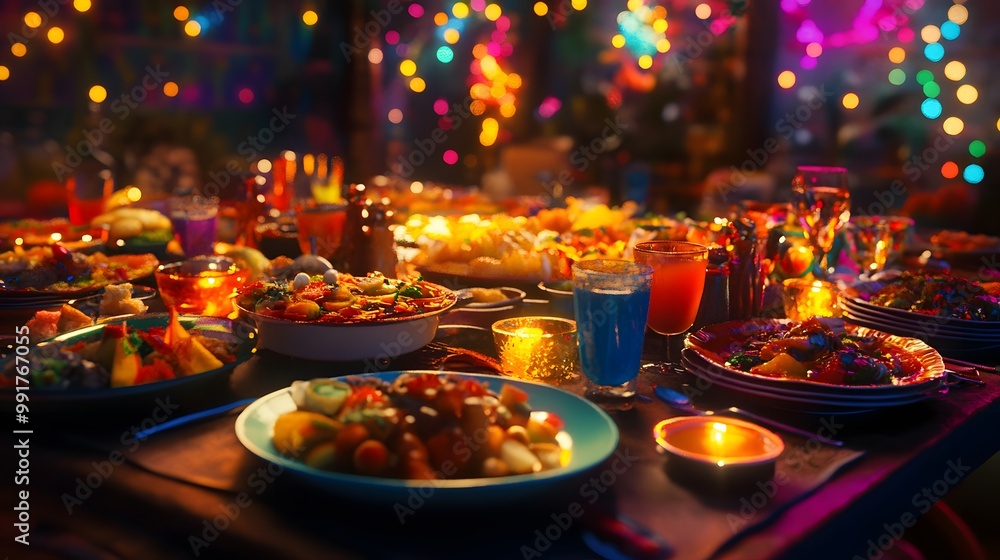 A vibrant table setting filled with delicious food and colorful drinks, illuminated by festive lights for a celebratory atmosphere. A vibrant table setting filled with delicious food and colorful drinks, illuminated by festive lights for a celebratory atmosphere.