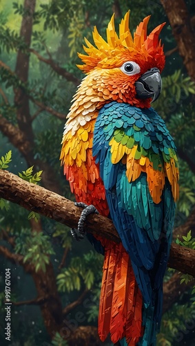 Pixel art of a vibrant cockatoo parrot on a branch.