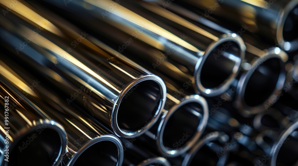 A close-up of shiny chrome-plated steel pipes arranged in an industrial setting showcases their metallic finish and engineering precision. Perfect for illustrating manufacturing materials. A close-up of shiny chrome-plated steel pipes arranged in an industrial setting showcases their metallic finish and engineering precision. Perfect for illustrating manufacturing materials.