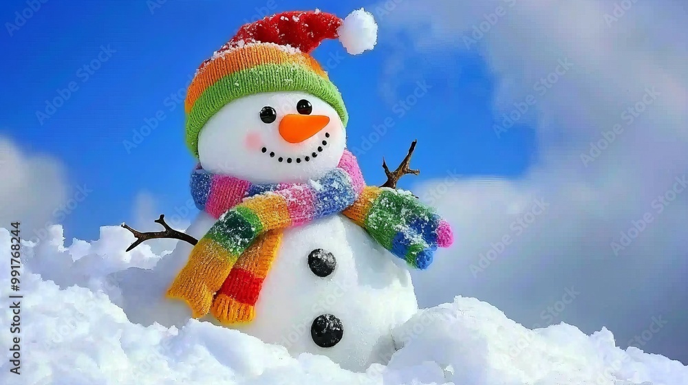 Obraz premium Merry Christmas and New Year. Happy snowman, Christmas design. Christmas background. Festive composition