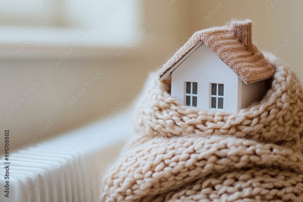 custom made wallpaper toronto digitalWarmly wrapping a small model house in a woolen scarf atop a white radiator for effective home insulation against winter cold