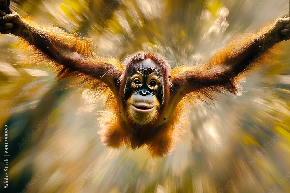 Obraz premium Young orangutan swinging through the jungle canopy