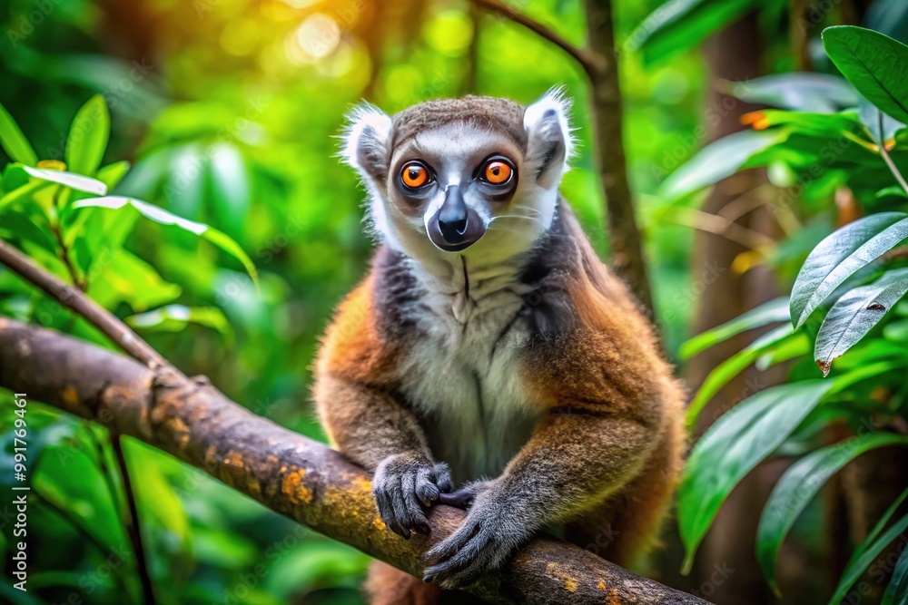Curious Lemur Sitting on a Branch in a Lush Green Forest Surrounded by Vibrant Foliage Curious Lemur Sitting on a Branch in a Lush Green Forest Surrounded by Vibrant Foliage
