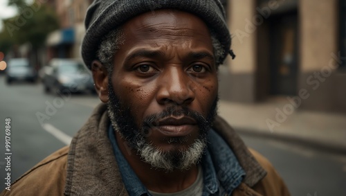 Portrait of a homeless African American man on the streets.