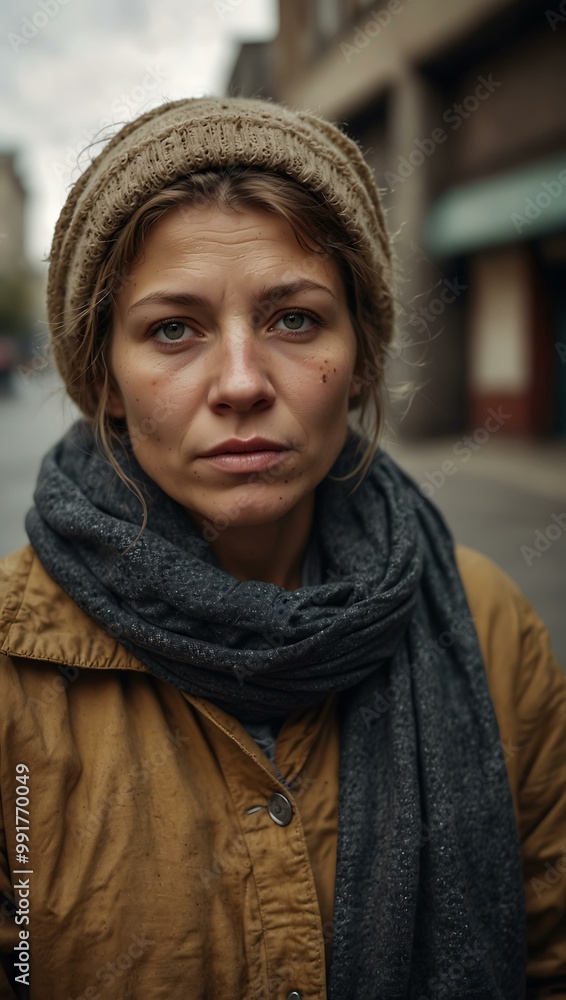 Portrait of a homeless Caucasian woman on the streets. Portrait of a homeless Caucasian woman on the streets.