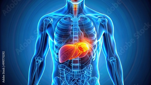 Detailed Illustration of Liver Pain Location in Human Body Anatomy for Medical Education Purposes