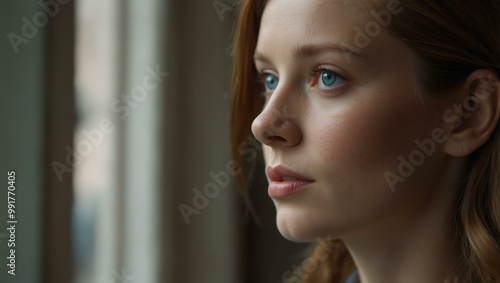 Portrait of a woman with blue eyes, light brown hair, gazing out of a window.