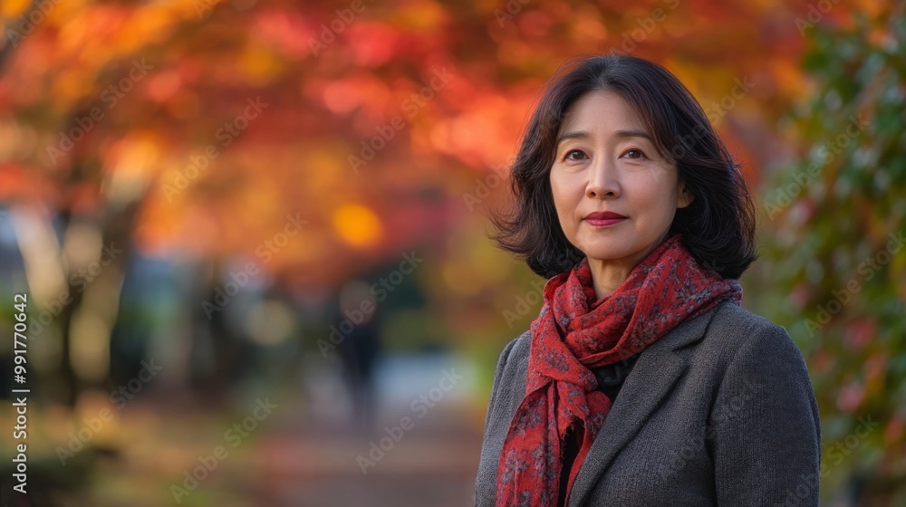 A woman poses confidently in a park blanketed with vibrant autumn leaves, wearing a scarf and looking at the camera. The warm sunlight highlights the changing foliage in the background. A woman poses confidently in a park blanketed with vibrant autumn leaves, wearing a scarf and looking at the camera. The warm sunlight highlights the changing foliage in the background.